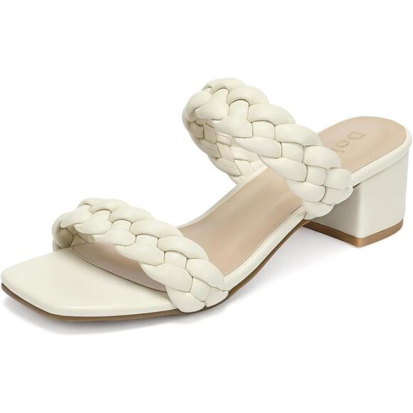 Dobolin Womens 7.5 White Braided Strap Short Chunky Heels Slip on Wedding Shoes - Picture 1 of 6